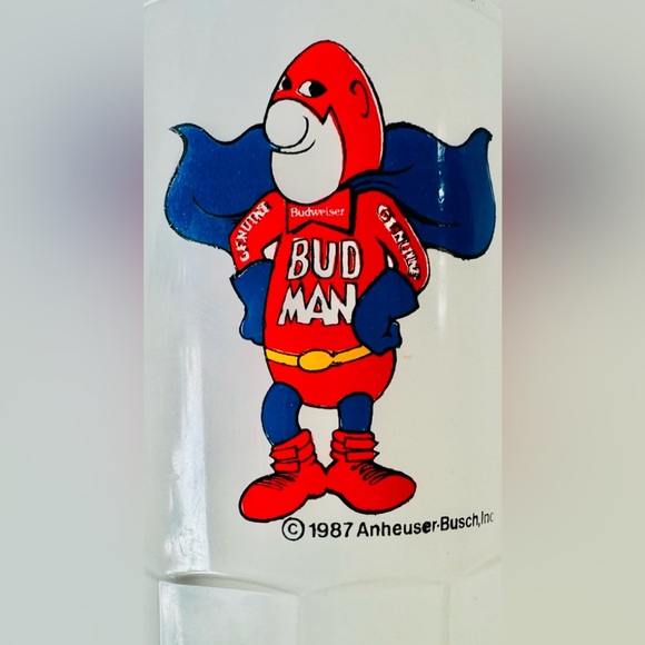 💚 Set: VintageRARE 1987 Bud Man Super Mug Made in USA; 5.25”tall. And STICKER! - Picture 1 of 6